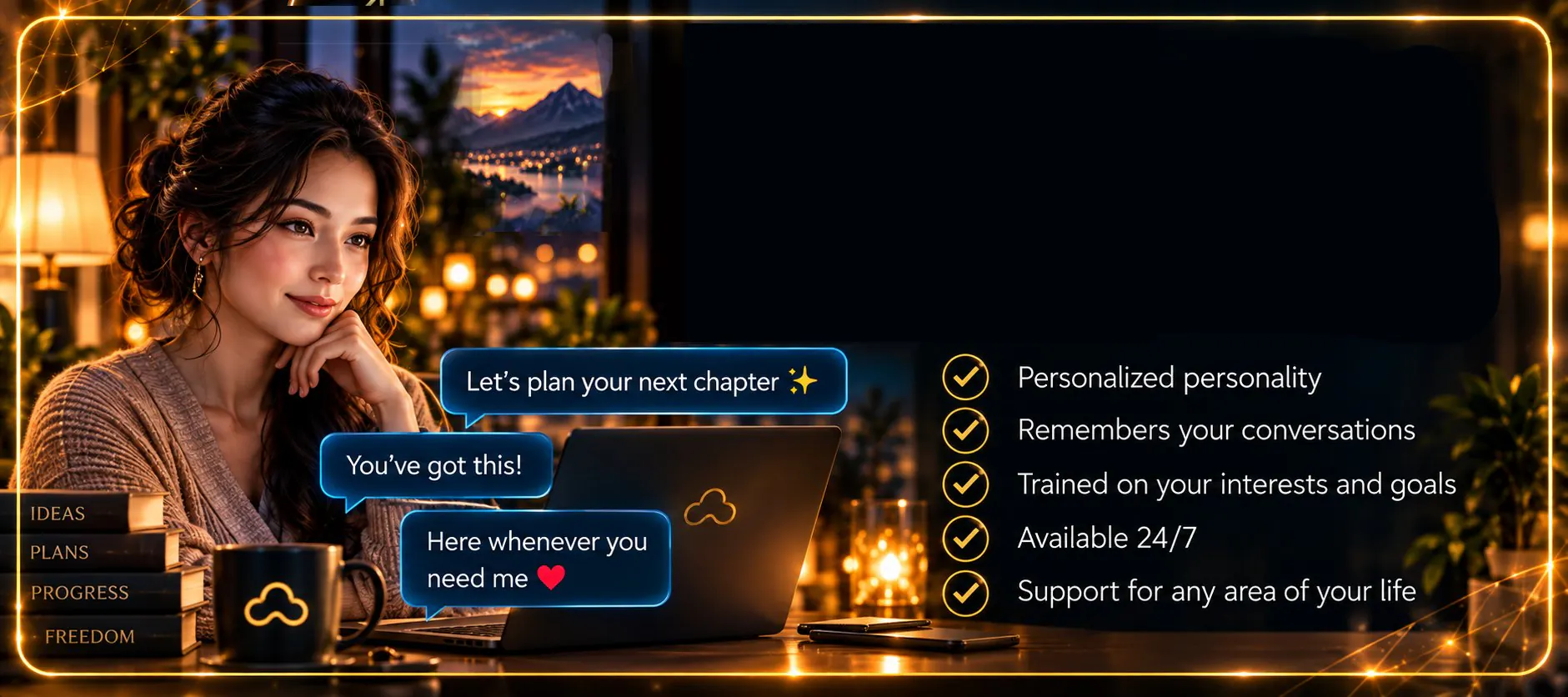 A woman smiles at her laptop at night while chat bubbles from her AI friend say: Let us plan your next chapter, You have got this, Here whenever you need me. Beside her: personalized personality, remembers your conversations, trained on your interests and goals, available 24/7, support for any area of your life.