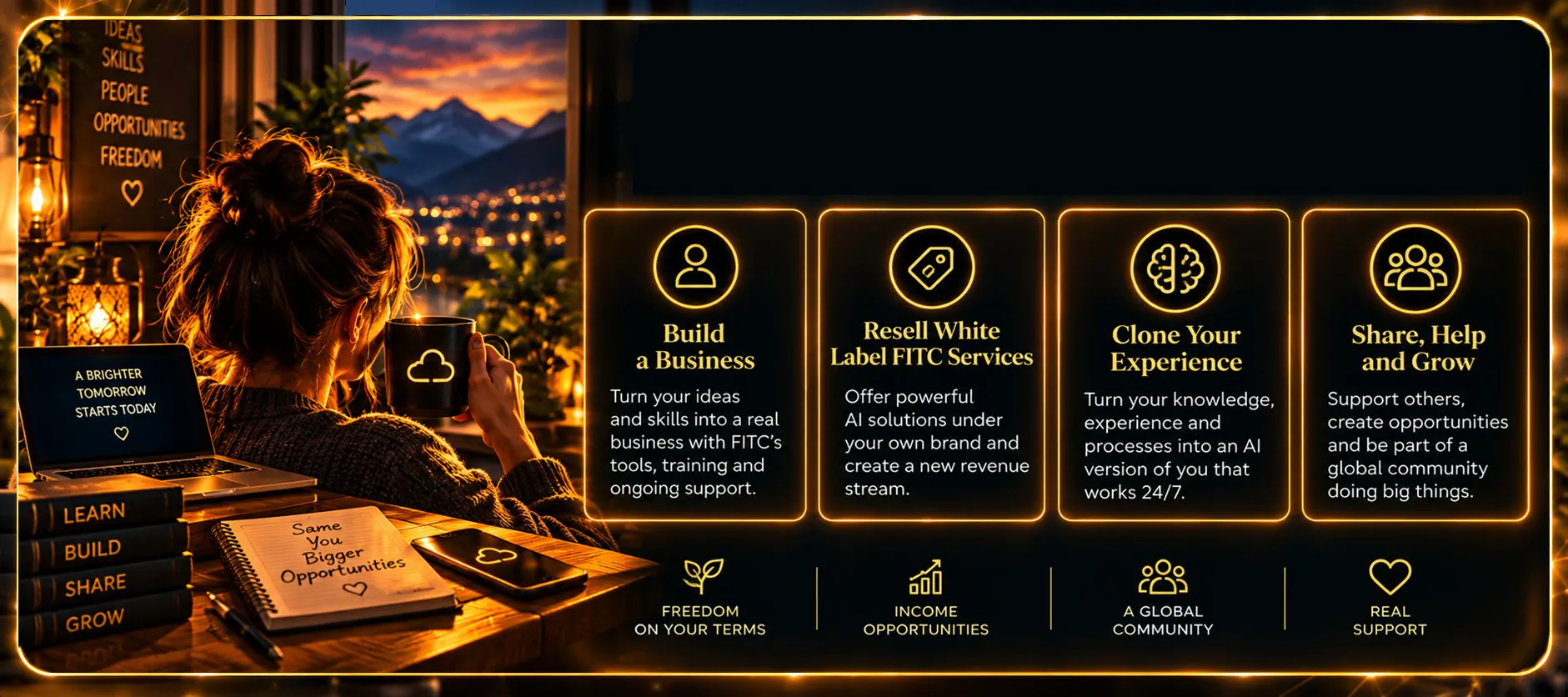 A woman with a mug looks out at mountains at dusk. Four options: Build a Business, Resell White Label FITC Services, Clone Your Experience, Share Help and Grow; with freedom on your terms, income opportunities, a global community and real support.