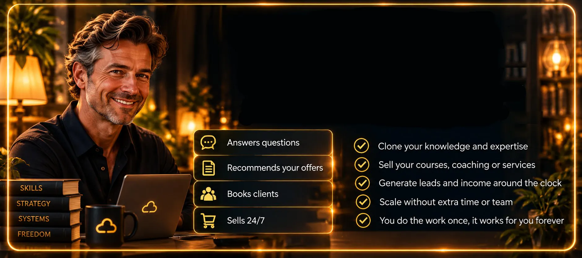 A smiling man at his laptop beside feature tags: answers questions, recommends your offers, books clients, sells 24/7; and ticks: clone your knowledge and expertise, sell your courses, coaching or services, generate leads and income around the clock, scale without extra time or team, you do the work once and it works for you forever.