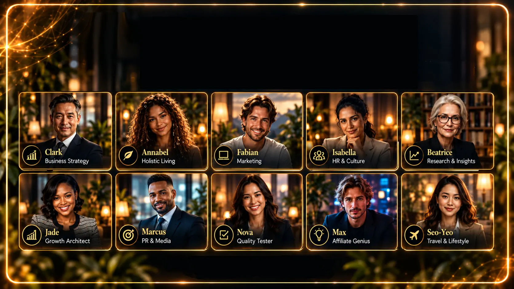 Ten AI expert portraits: Clark, Business Strategy; Annabel, Holistic Living; Fabian, Marketing; Isabella, HR and Culture; Beatrice, Research and Insights; Jade, Growth Architect; Marcus, PR and Media; Nova, Quality Tester; Max, Affiliate Genius; Seo-Yeo, Travel and Lifestyle.