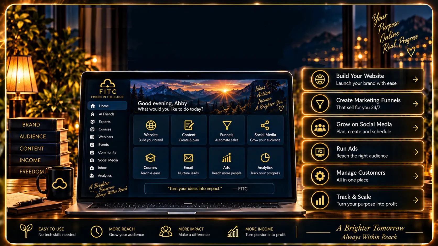 A laptop on a candlelit desk shows the FITC dashboard. Beside it: build your website, create marketing funnels, grow on social media, run ads, manage customers, track and scale.