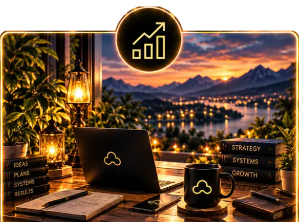 A laptop and books titled Strategy, Systems, Growth at dusk.