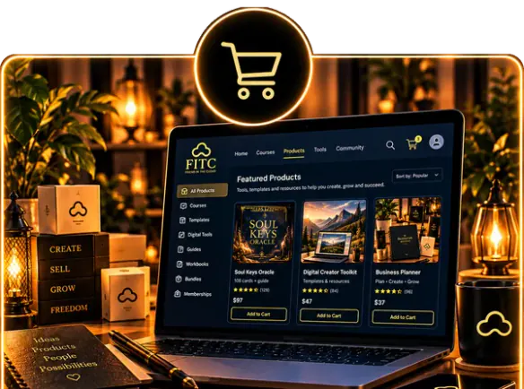 A laptop showing a FITC shop with featured products.