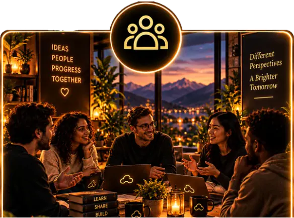 Friends talking around a table with laptops in a warm lounge.