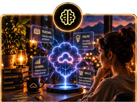 A woman watching a glowing AI brain that teaches, helps, learns and sells.
