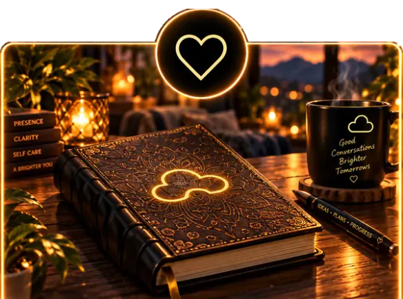 A leather journal with a glowing cloud on the cover beside a mug.