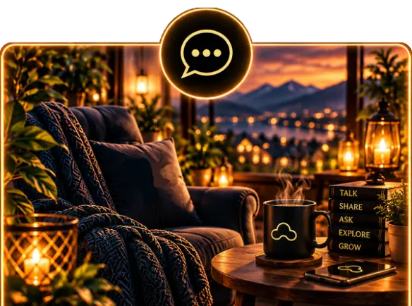 A cosy armchair by candlelight with a mug and a view of the city at night.