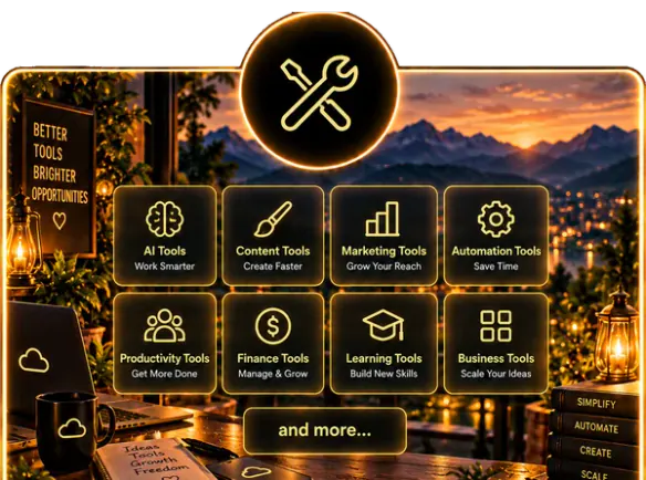 Tool categories on a glowing panel: AI, content, marketing, automation, productivity, finance, learning and business tools.