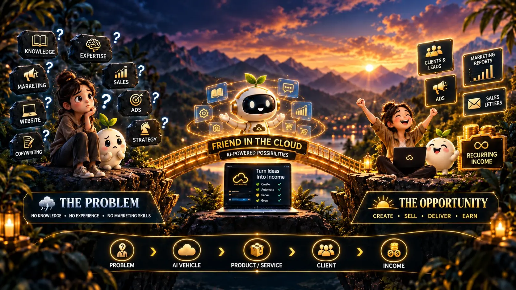 On the left, a worried young woman surrounded by question marks about knowledge, expertise, marketing, sales, website, ads, strategy and copywriting: the problem. A Friend in the Cloud robot on a golden bridge carries her across to the right, where she celebrates with clients and leads, ads, marketing reports, sales letters and recurring income: the opportunity. Along the bottom: problem, AI vehicle, product or service, client, income.