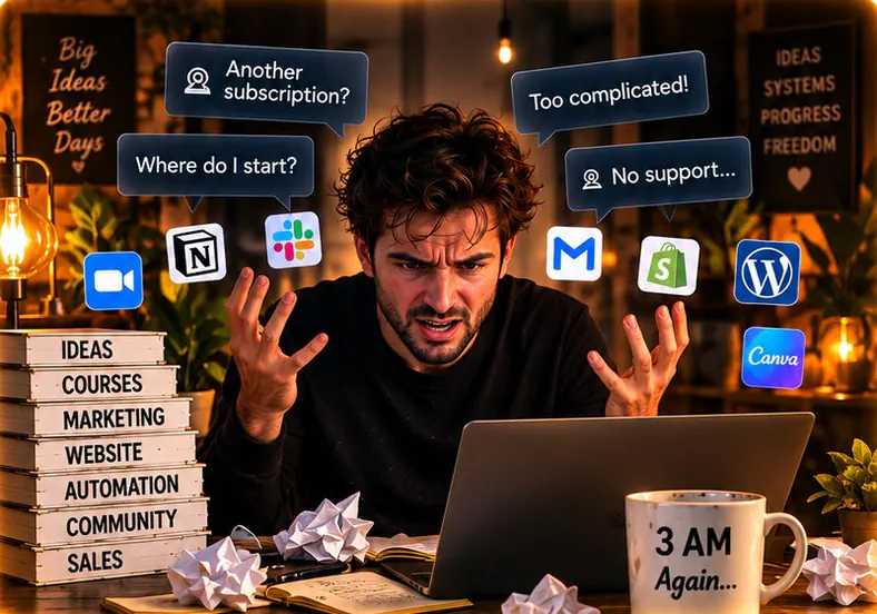 A frustrated man at his laptop at 3 AM, surrounded by app logos and thoughts: another subscription, where do I start, too complicated, no support.