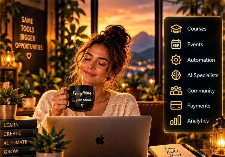 A relaxed woman sips from a mug reading Everything in one place, beside a panel listing courses, events, automation, AI specialists, community, payments and analytics.