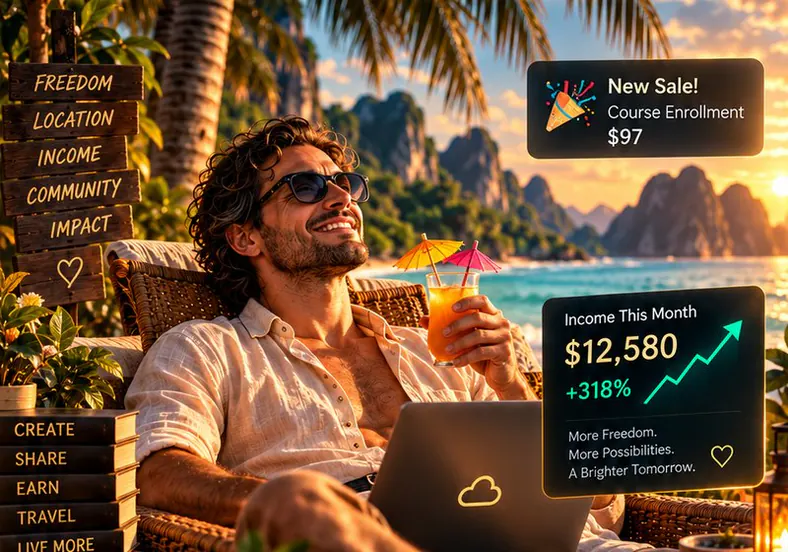 A smiling man relaxes with a drink and his laptop on a tropical terrace, with a sale notification and a monthly income panel.