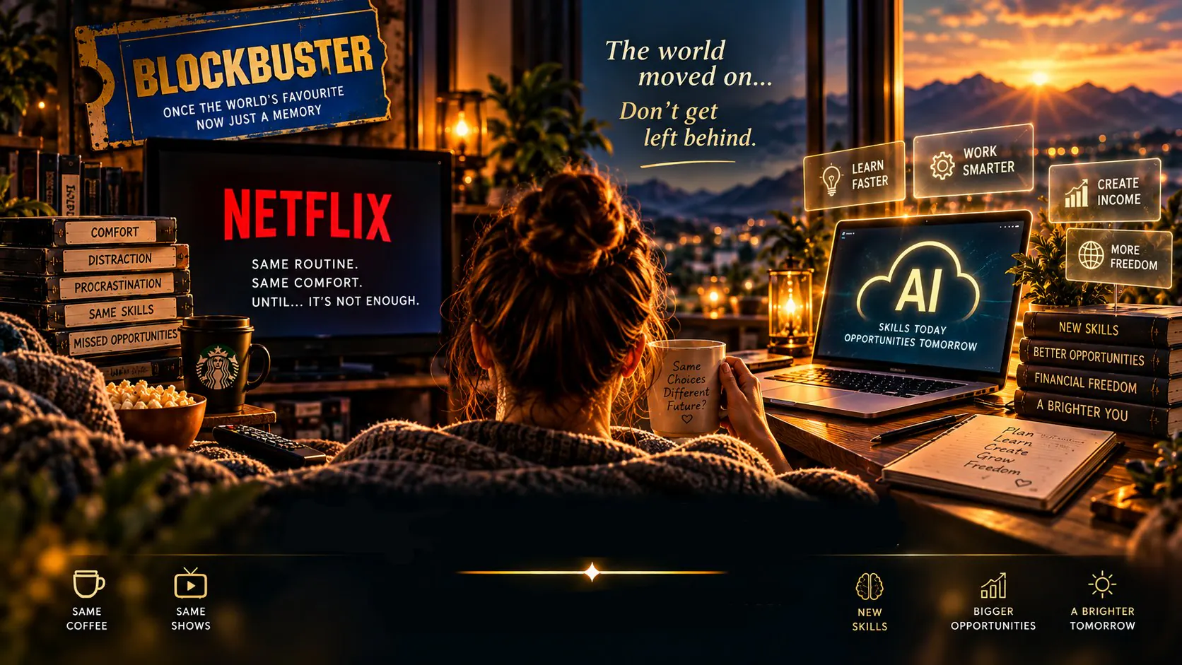 A woman on her sofa turns from old habits (a Blockbuster sign, Netflix on the TV, coffee and popcorn, books titled comfort, distraction, procrastination, same skills, missed opportunities) toward a laptop showing AI: skills today, opportunities tomorrow, with learn faster, work smarter, create income and more freedom. The world moved on. Don’t get left behind.