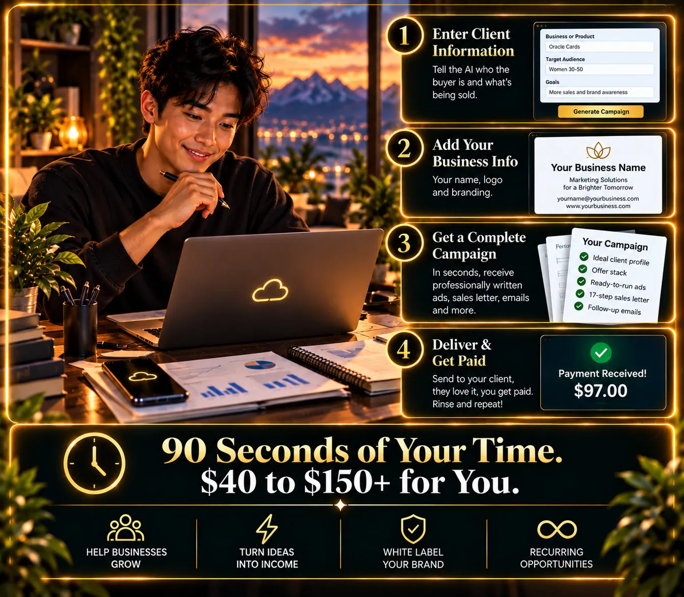 Four steps: enter client information, add your business info, get a complete campaign with ideal client profile, offer stack, ready-to-run ads, a 17-step sales letter and follow-up emails, then deliver and get paid. 90 seconds of your time, 40 to 150 dollars or more for you.