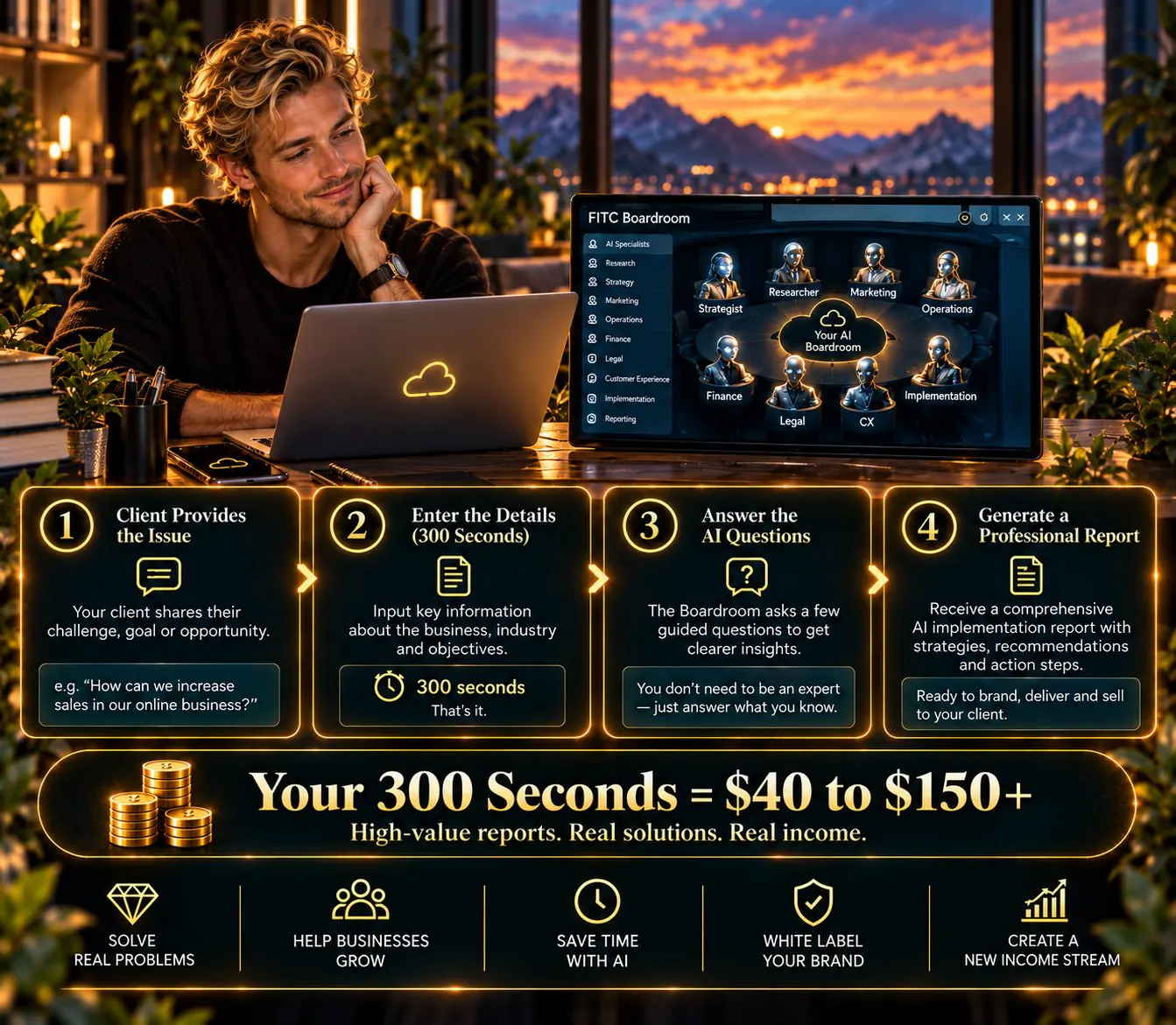 The FITC Boardroom of AI specialists. Four steps: the client provides the issue, you enter the details in 300 seconds, answer the AI questions, and generate a professional report ready to brand, deliver and sell. Your 300 seconds equals 40 to 150 dollars or more.