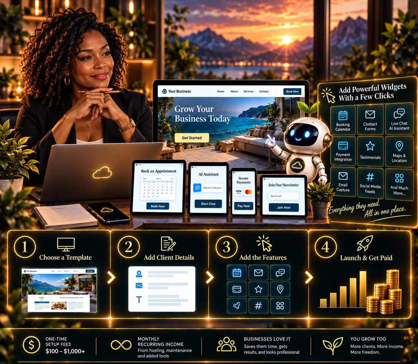 A business website built with FITC, with widgets for bookings, contact forms, live chat AI assistant, payments, testimonials, maps, email capture and social feeds. Four steps: choose a template, add client details, add the features, launch and get paid. One-time setup fees of 100 to 1,000 dollars or more, plus monthly recurring income.