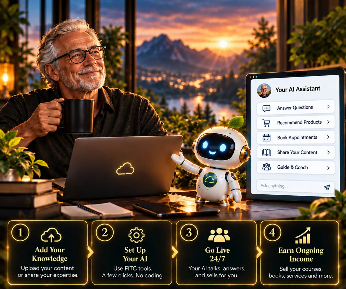 A smiling older man with his AI assistant, which answers questions, recommends products, books appointments, shares content and guides and coaches. Four steps: add your knowledge, set up your AI, go live 24/7, earn ongoing income.