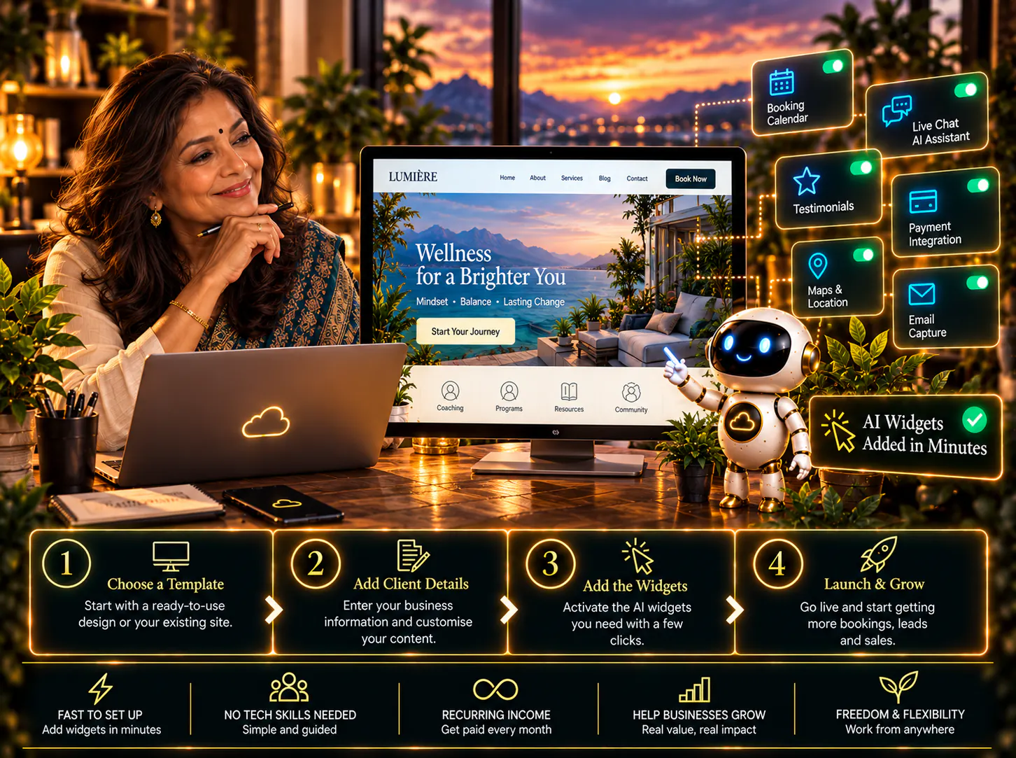 A smiling woman at her desk beside a business website with AI widgets switched on: booking calendar, live chat AI assistant, testimonials, payment integration, maps and location, and email capture. Four steps: start from a template or an existing site, add the client details, activate the widgets, then launch and grow.