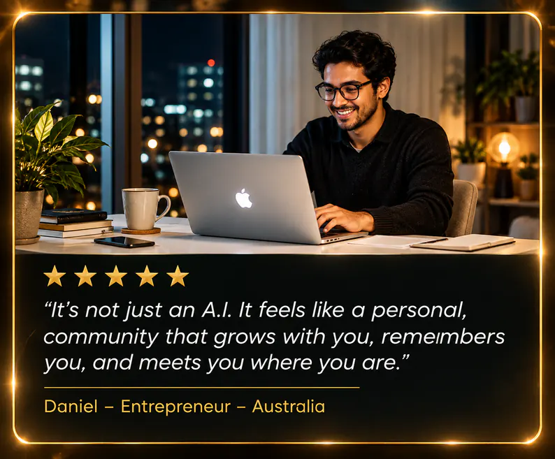 A smiling man with glasses working on a laptop at night, city lights behind him. Five stars. “It’s not just an A.I. It feels like a personal, community that grows with you, remembers you, and meets you where you are.” Daniel – Entrepreneur – Australia