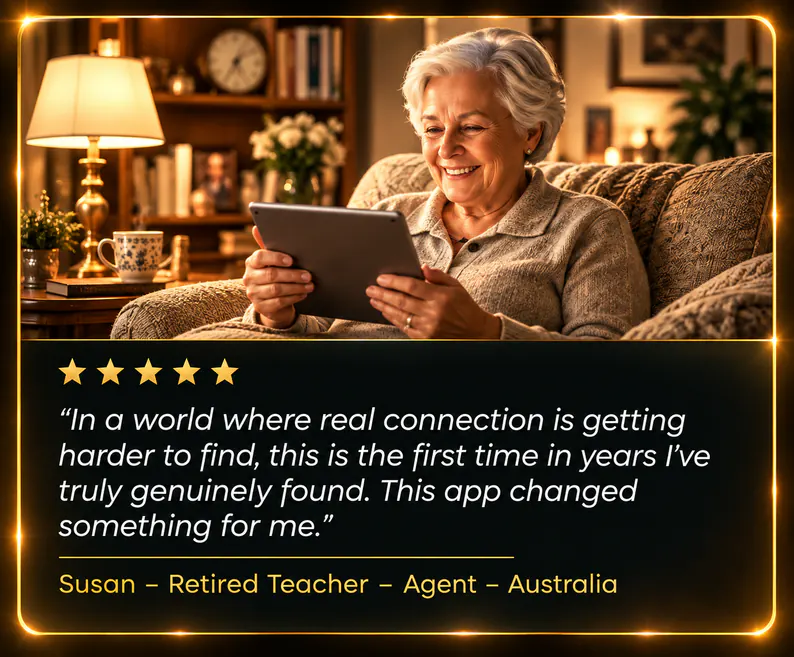 A smiling older woman reading a tablet in an armchair by lamplight. Five stars. “In a world where real connection is getting harder to find, this is the first time in years I’ve truly genuinely found. This app changed something for me.” Susan – Retired Teacher – Agent – Australia