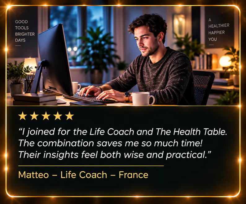 A man typing at a desktop computer in a warmly lit home office. Five stars. “I joined for the Life Coach and The Health Table. The combination saves me so much time! Their insights feel both wise and practical.” Matteo – Life Coach – France