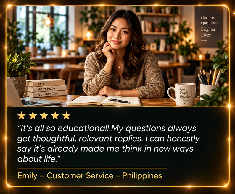 A smiling woman at a café table with books, an open notebook and a mug. Five stars. “It’s all so educational! My questions always get thoughtful, relevant replies. I can honestly say it’s already made me think in new ways about life.” Emily – Customer Service – Philippines