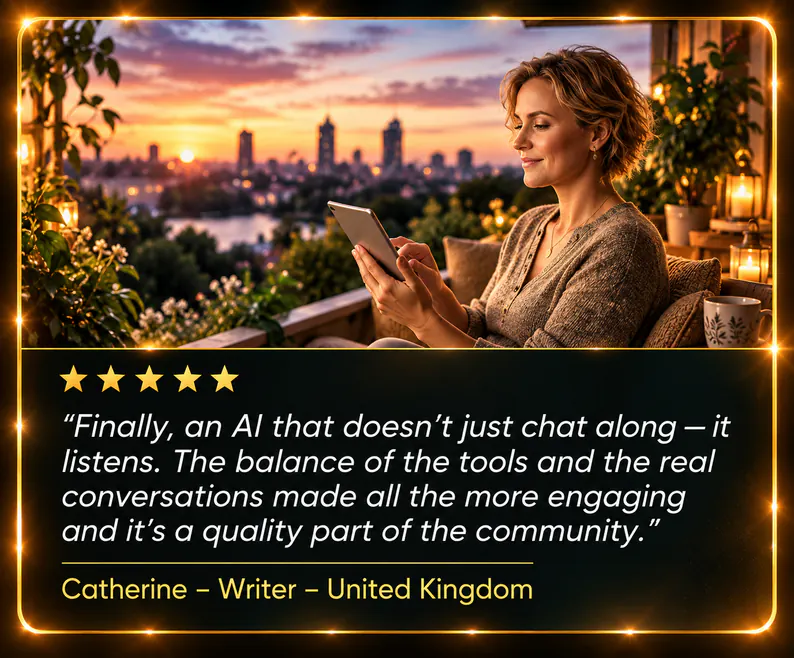 A woman reading a tablet on a balcony at sunset, a city skyline behind her. Five stars. “Finally, an AI that doesn’t just chat along — it listens. The balance of the tools and the real conversations made all the more engaging and it’s a quality part of the community.” Catherine – Writer – United Kingdom