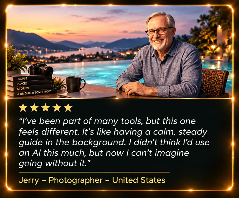A smiling older man with glasses at a table beside an infinity pool at dusk. Five stars. “I’ve been part of many tools, but this one feels different. It’s like having a calm, steady guide in the background. I didn’t think I’d use an AI this much, but now I can’t imagine going without it.” Jerry – Photographer – United States