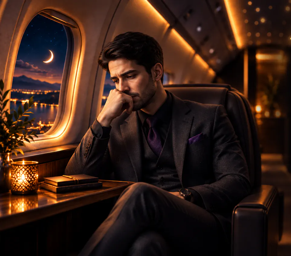 A man in a dark suit sits alone by a plane window at night, deep in thought, a candle glowing beside him.
