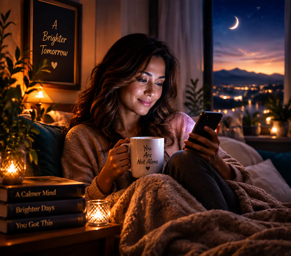 A woman wrapped in a blanket at night, holding a mug that reads You Are Not Alone, smiling softly at her phone, a crescent moon in the window.