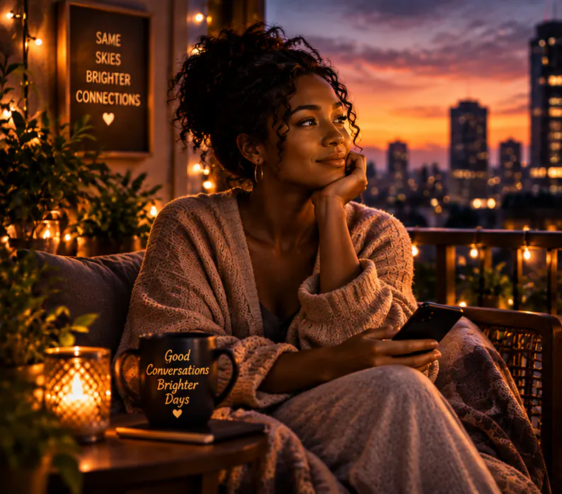 A woman in a cosy wrap on a city balcony at sunset, phone in hand, smiling as she looks out at the skyline.