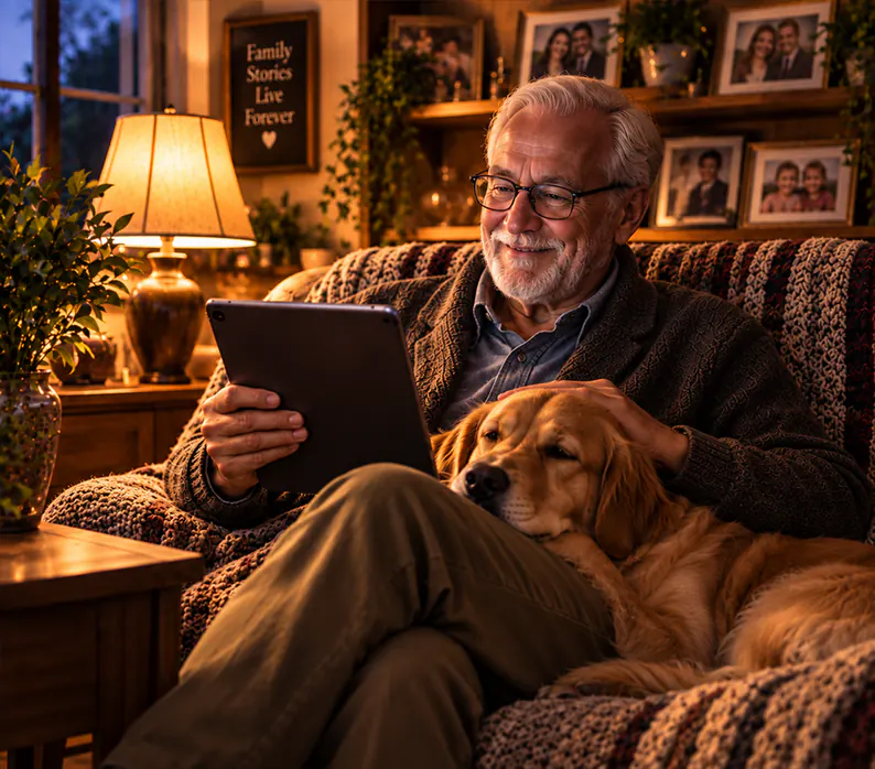 An older man smiling at a tablet on his sofa by lamplight, family photos behind him and his golden retriever resting against him.
