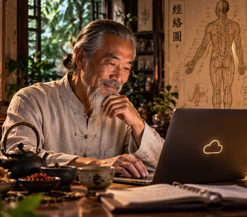 An older practitioner with a long grey beard smiling at his laptop in a sunlit study, teapot and herbs on the table and an acupuncture chart on the wall.