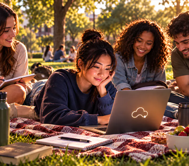 A student smiling at her laptop on a picnic blanket in a sunny park, surrounded by laughing friends.
