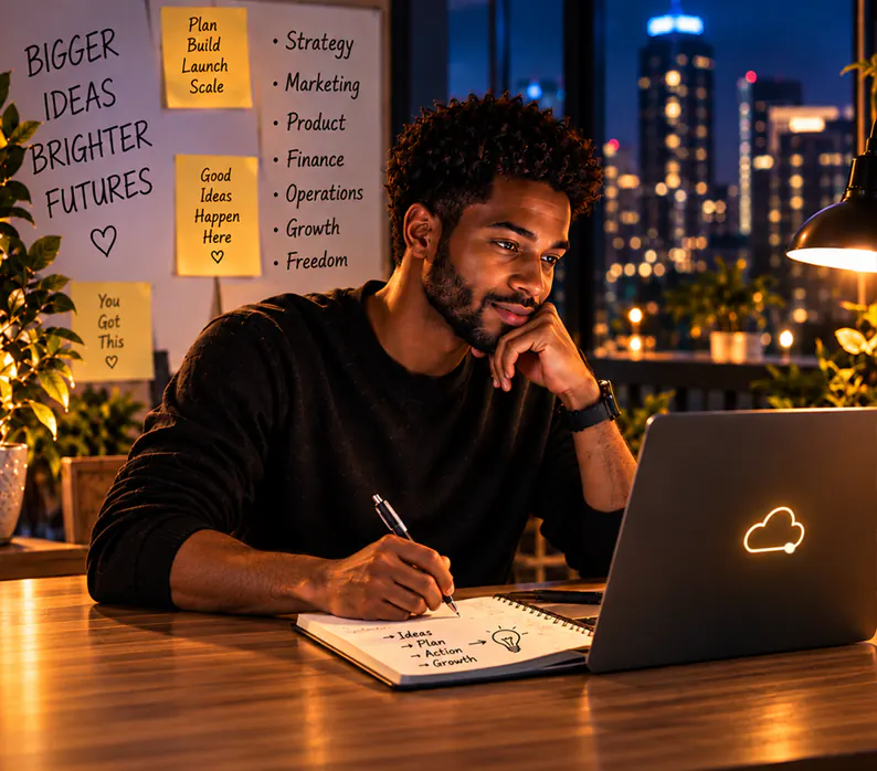 A founder sketching plans in a notebook at his desk late at night, sticky notes on the wall and a city skyline behind him.