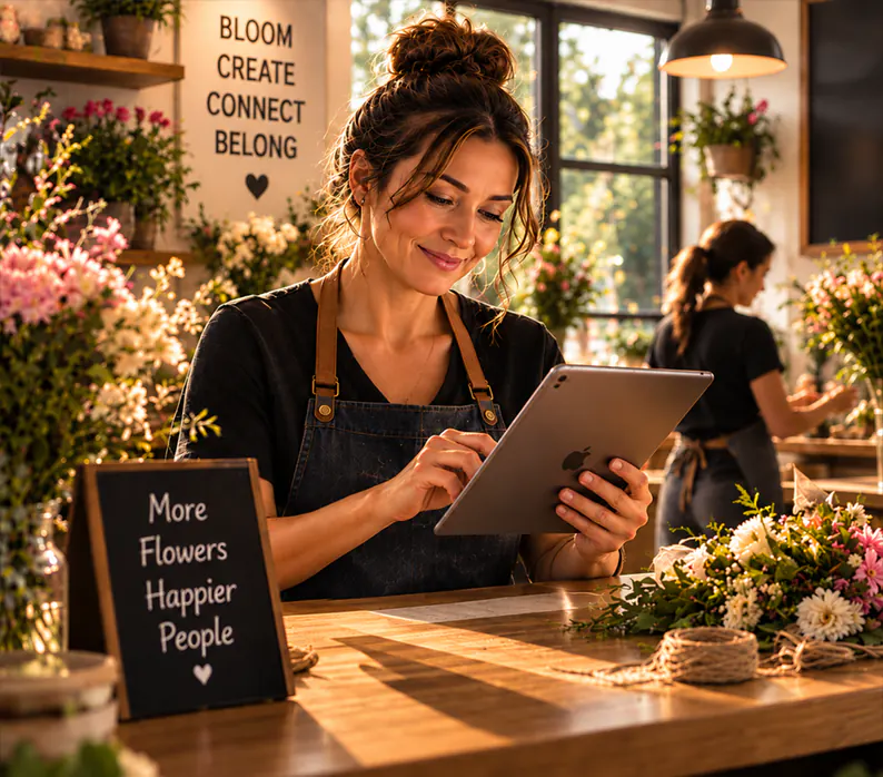 A florist smiling at a tablet at her shop counter, surrounded by flowers while a colleague works behind her.