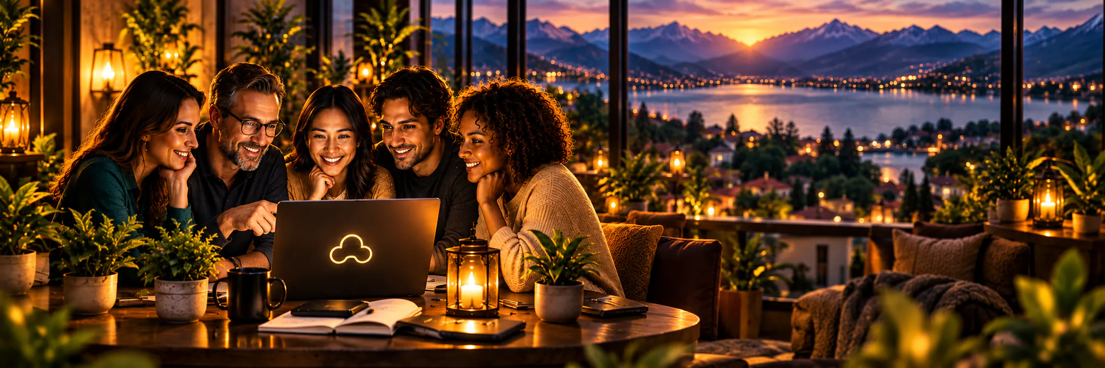 Five friends laughing together around a laptop with the Friend in the Cloud logo, on a candlelit terrace above a lake and mountains at sunset.